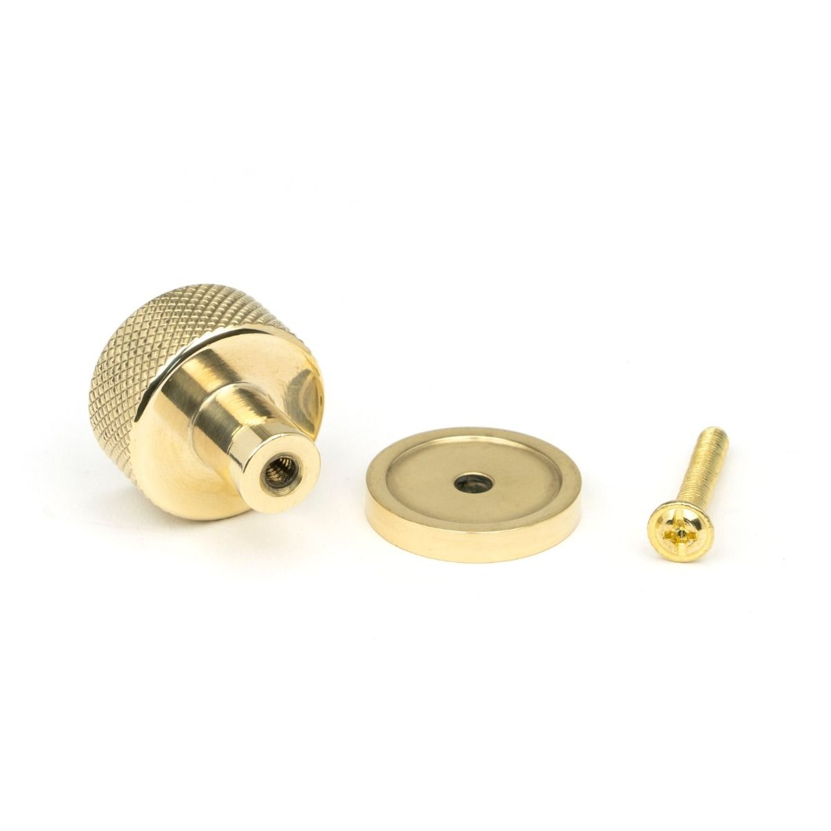 The 25mm Knurled Cabinet Knob on a Square Rose in Aged Brass with Fitting Bolt 