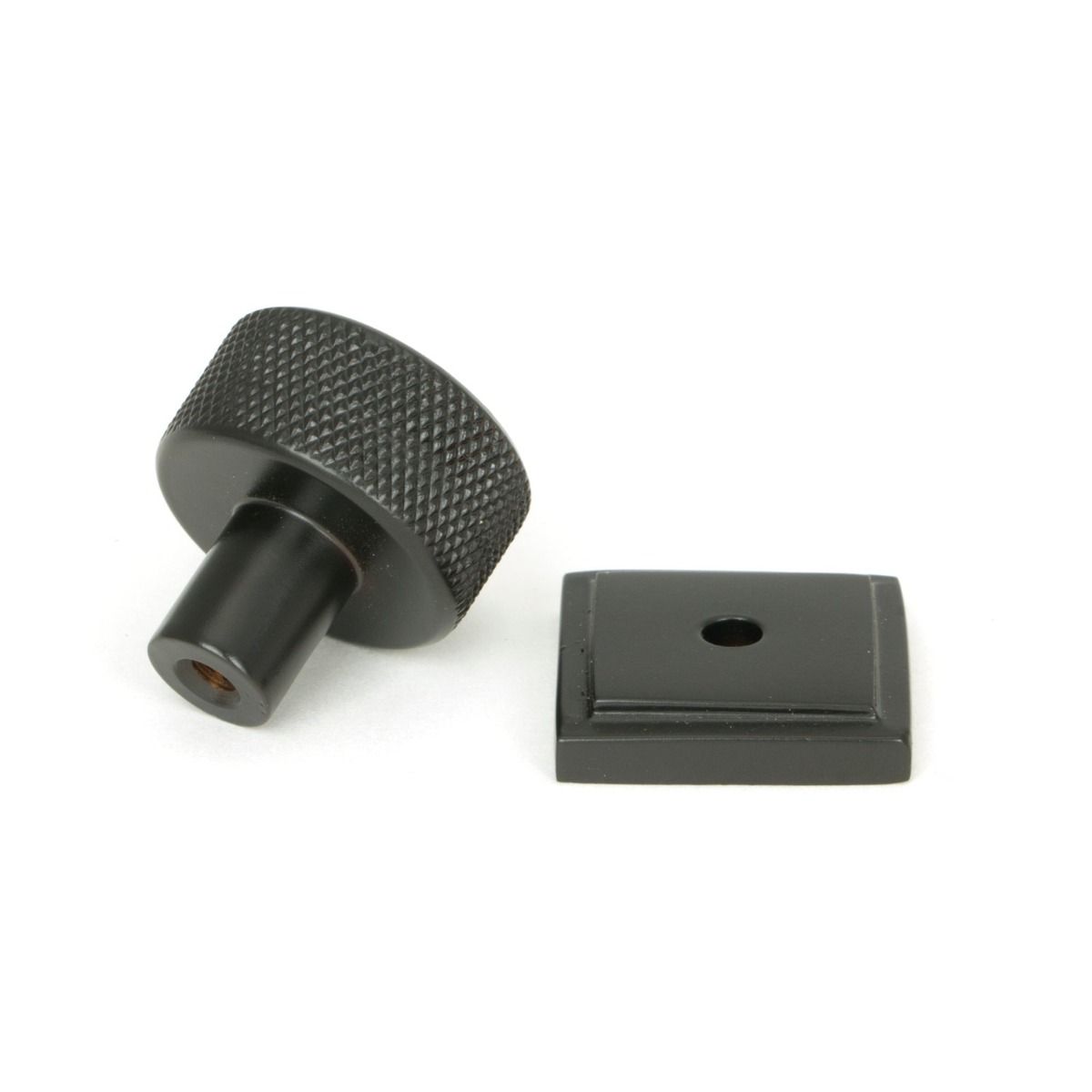 The 25mm Knurled Cabinet Knob on a Square Rose in Aged Bronze Displayed in Separate Sections 