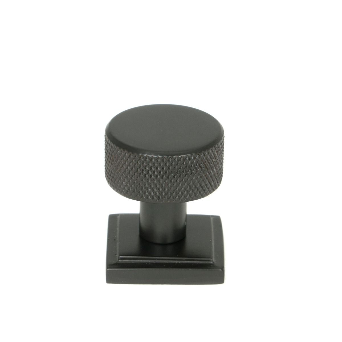 The 25mm Knurled Cabinet Knob on a Square Rose in Aged Bronze Shown Upright on a White Background 