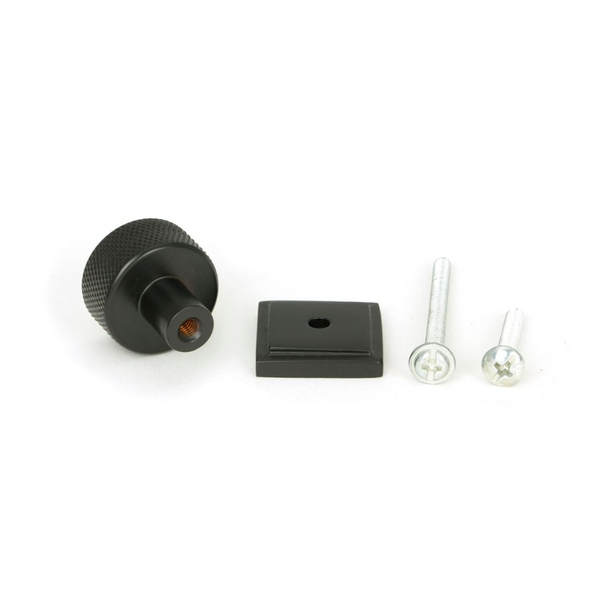 The 25mm Knurled Cabinet Knob on a Square Rose in Aged Bronze with Fitting Bolt 