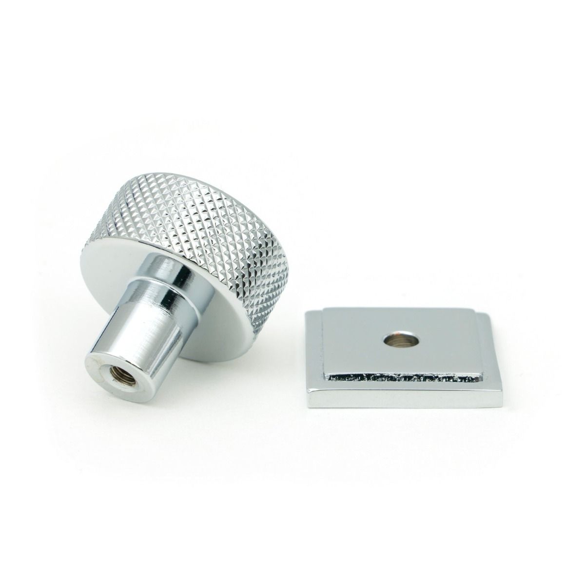 The 25mm Knurled Cabinet Knob on a Square Rose in Polished Chrome Displayed in Separate Sections on a White Background 