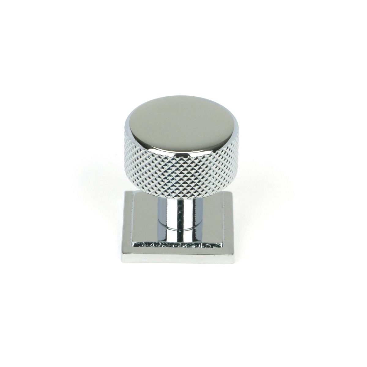 The 25mm Knurled Cabinet Knob on a Square Rose in Polished Chrome Shown Upright on a White Background 