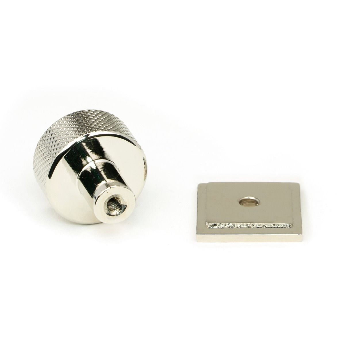 25mm Knurled Cabinet Knob on a Square Rose - Polished Nickel