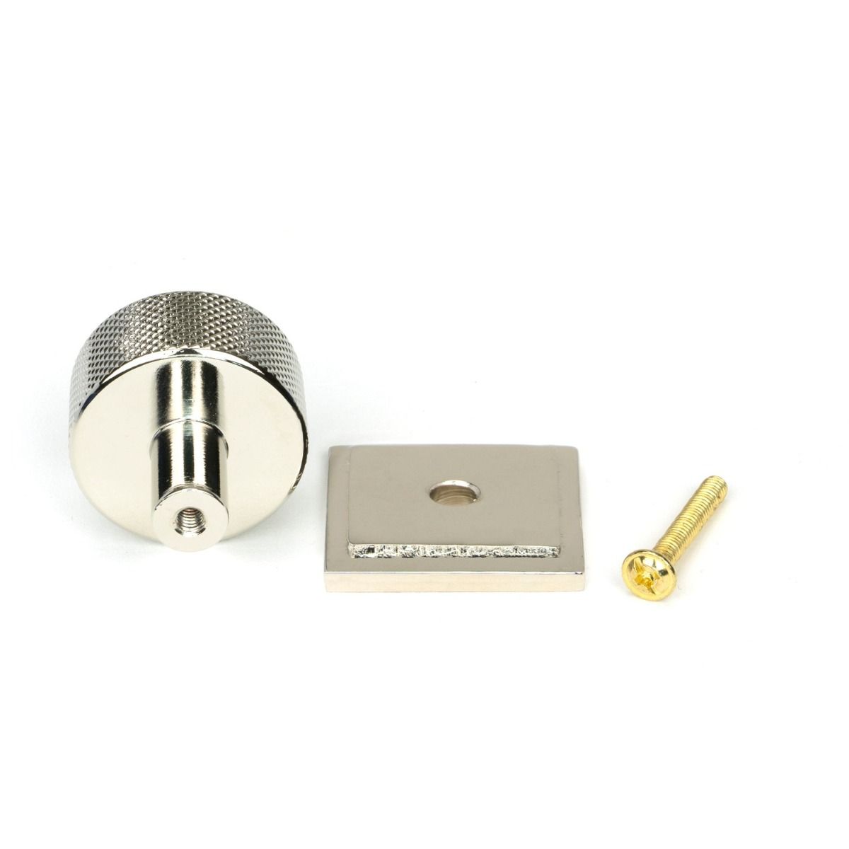 The 25mm Knurled Cabinet Knob on a Square Rose in Polished Nickel Displayed in Separate Sections with Fitting Bolt 