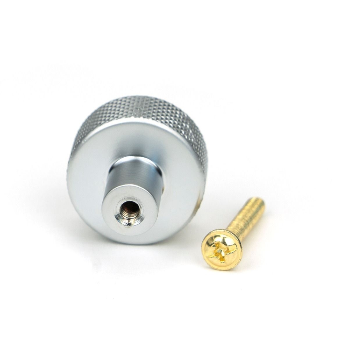 The 25mm Knurled Cabinet Knob on a Square Rose in Satin Chrome Displayed with Fittings
