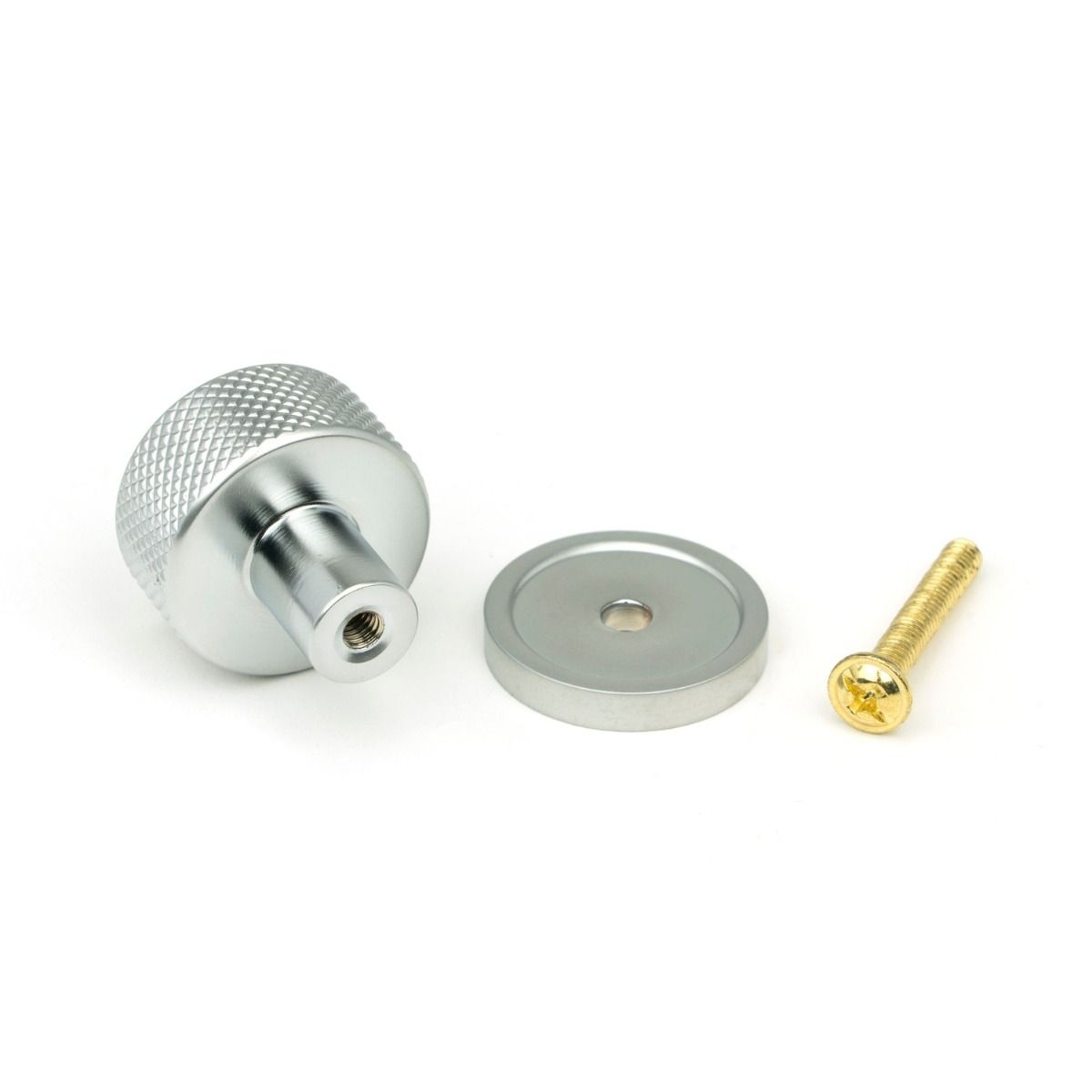 The 25mm Knurled Cabinet Knob on Plain Rose in Satin Chrome Displayed with Fittings