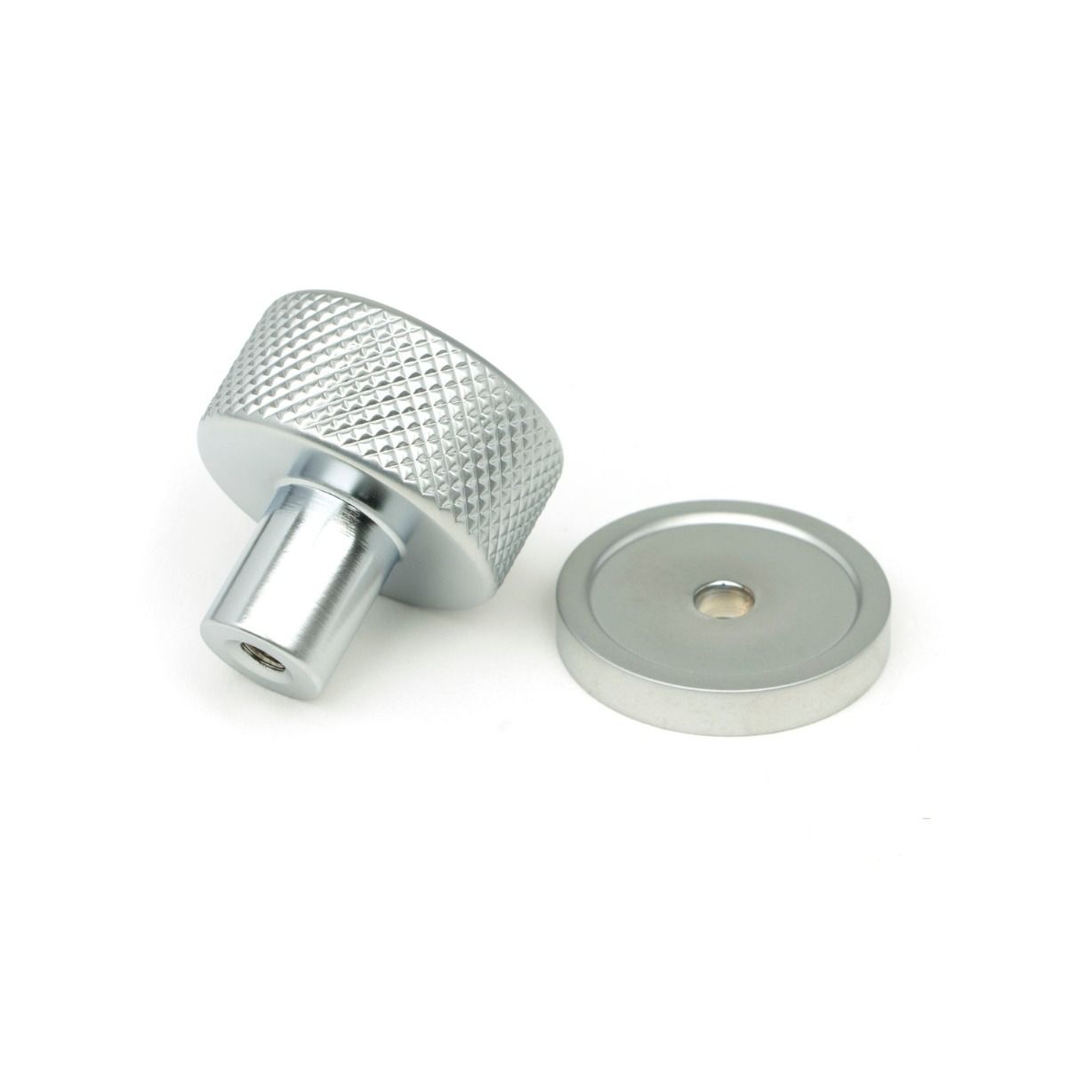 The 25mm Knurled Cabinet Knob on Plain Rose in Satin Chrome Shown from Behind on a White Background