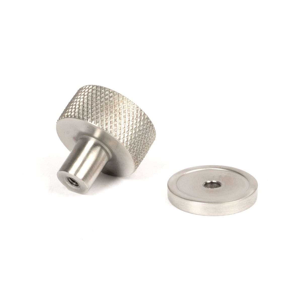 The 25mm Knurled Cabinet Knob on Plain Rose in Satin Stainless Steel Shown from Behind with the Rose