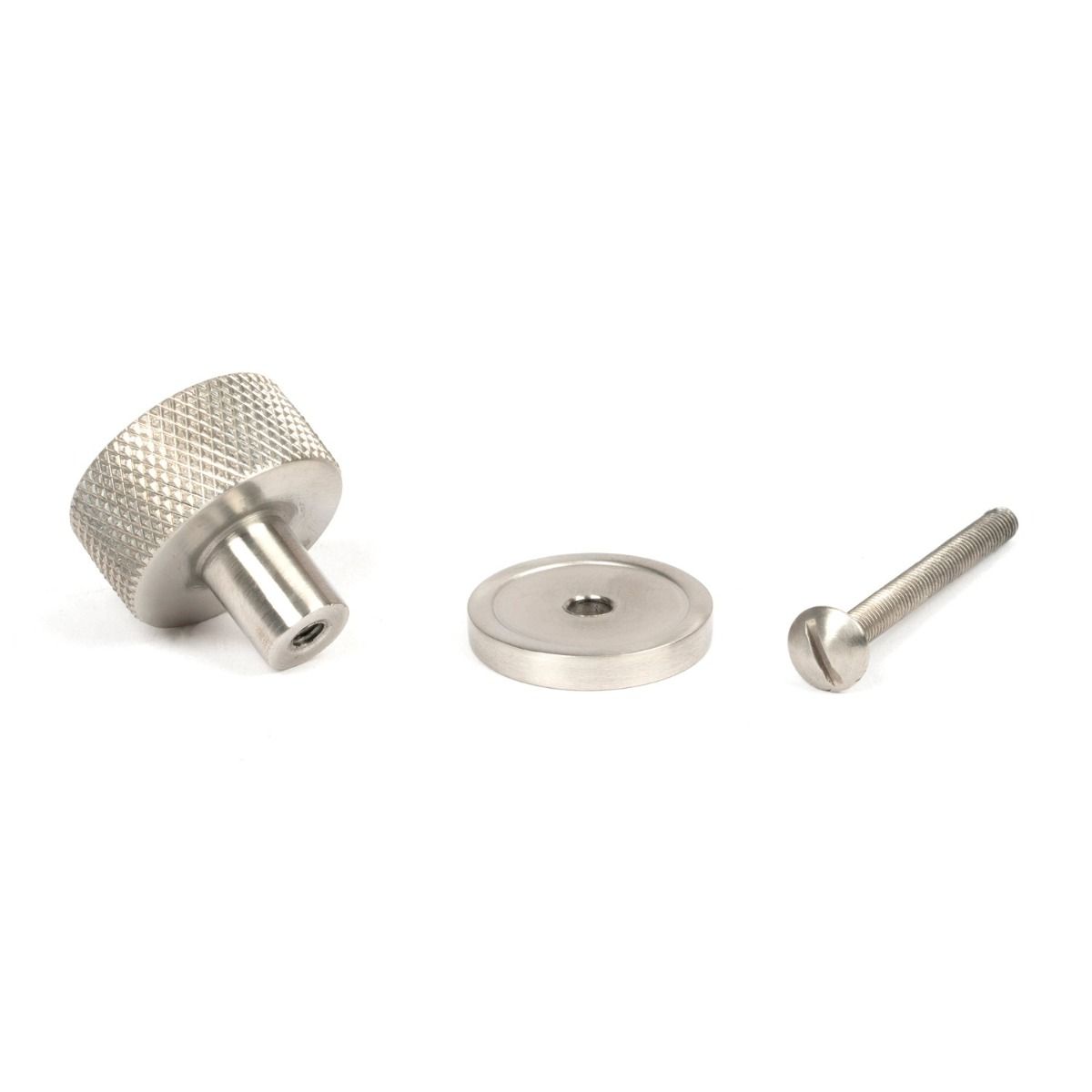 The 25mm Knurled Cabinet Knob on Plain Rose in Satin Stainless Steel Shown with Fitting Bolt on a White Background