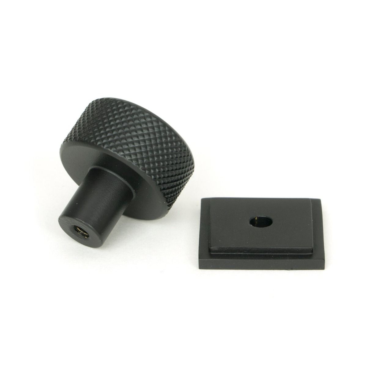 The 25mm Knurled Cabinet Knob on Square Rose in Matt Black Displayed in Separate Sections on a White Background