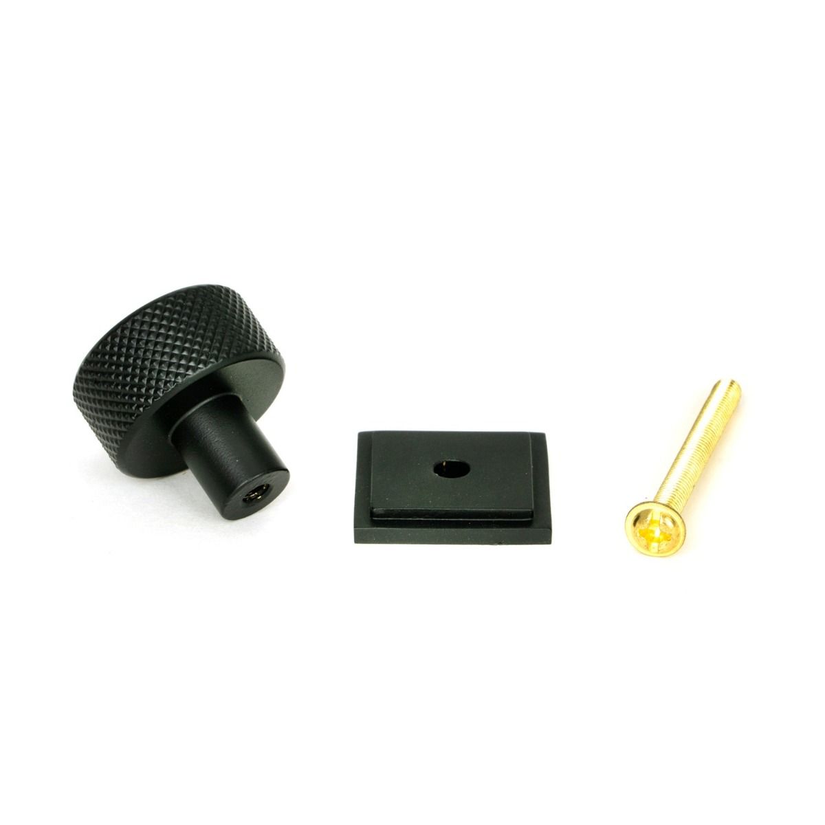 The 25mm Knurled Cabinet Knob on Square Rose in Matt Black Displayed in Separate Sections with Fitting Bolt