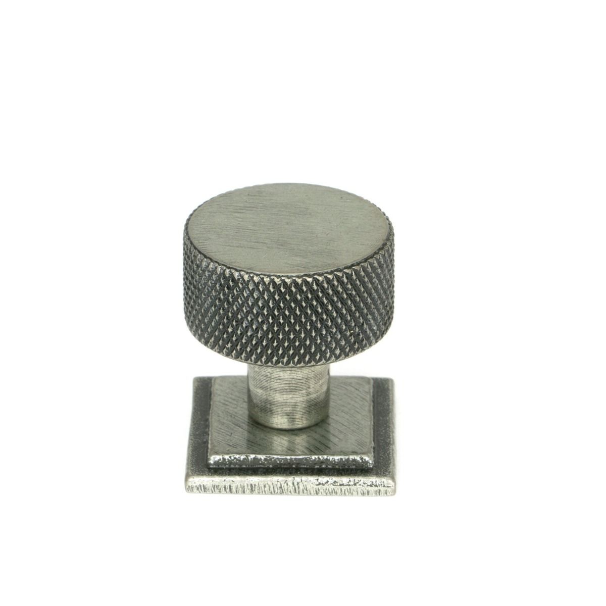 The 25mm Knurled Cabinet Knob on Square Rose in Pewter Shown Upright on a White Background