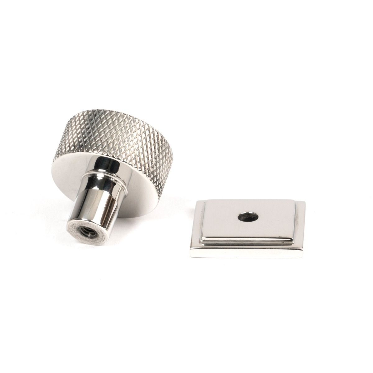The 25mm Knurled Cabinet Knob on Square Rose in Polished Stainless Steel Shown from Behind with the Rose