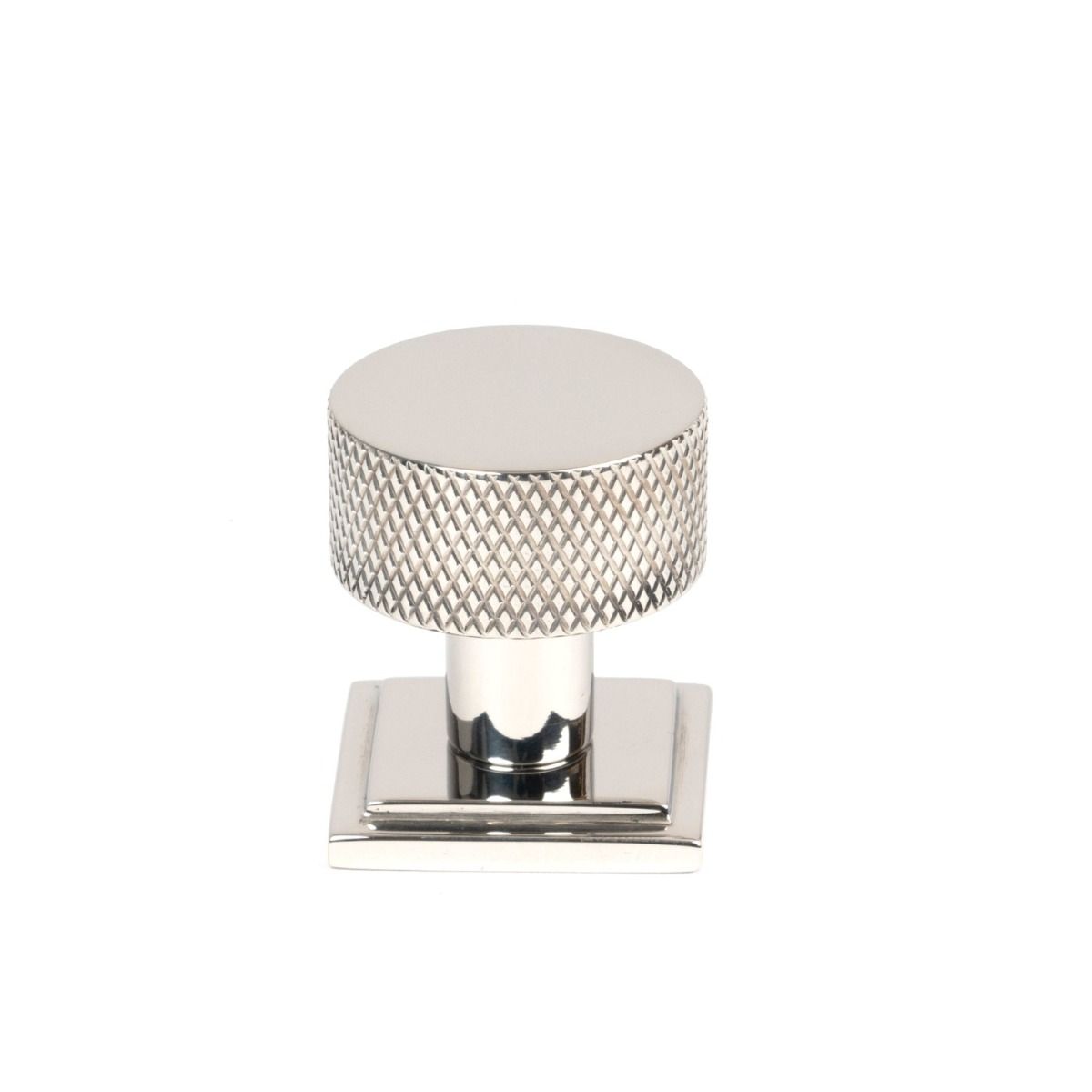 The 25mm Knurled Cabinet Knob on Square Rose in Polished Stainless Steel Shown Upright on a White Background