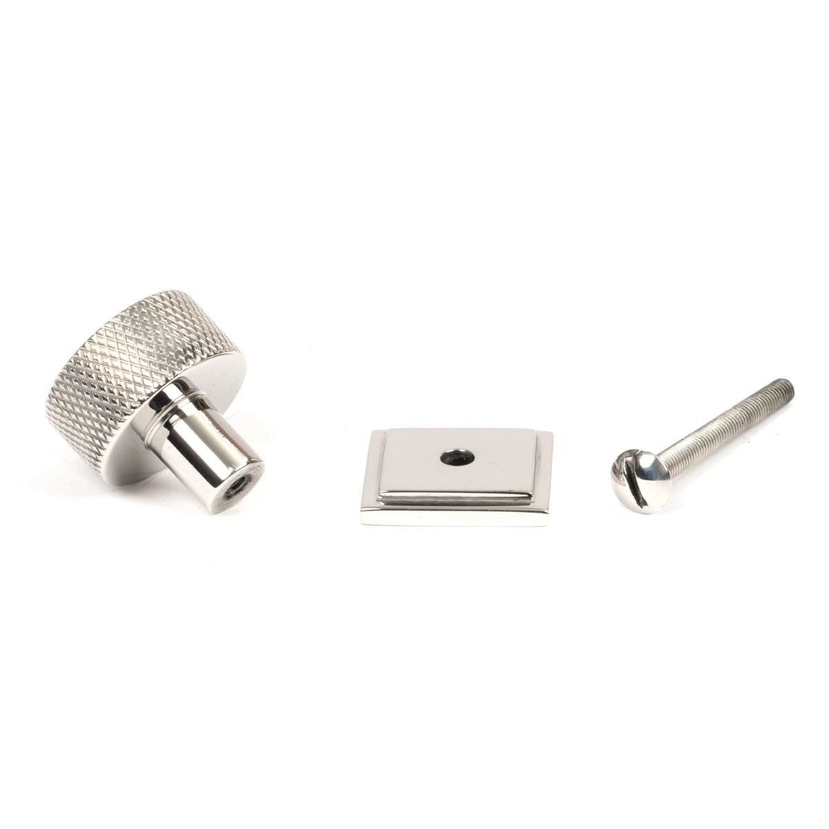 The 25mm Knurled Cabinet Knob on Square Rose in Polished Stainless Steel Shown with Fitting Bolt on a White Background