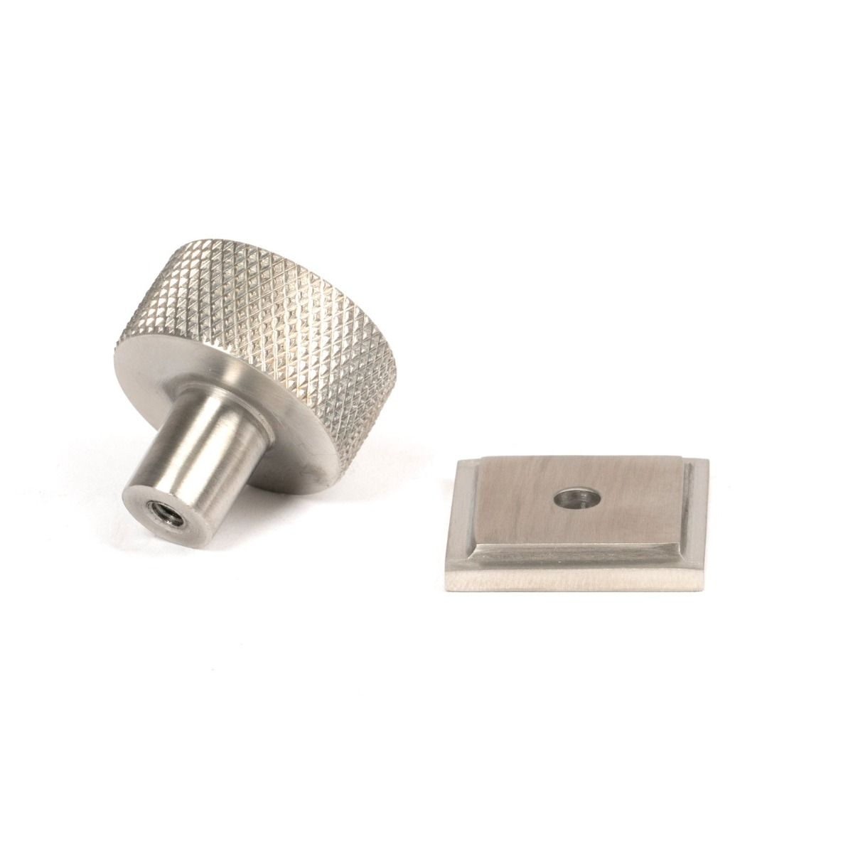The 25mm Knurled Cabinet Knob on Square Rose in Satin Stainless Steel Shown from Behind with the Rose