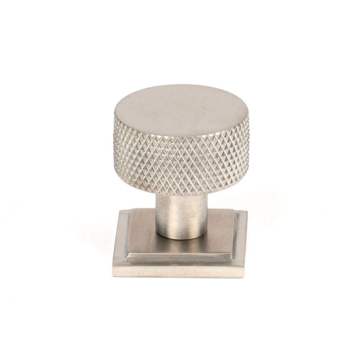 The 25mm Knurled Cabinet Knob on Square Rose in Satin Stainless Steel Shown Upright on a White Background