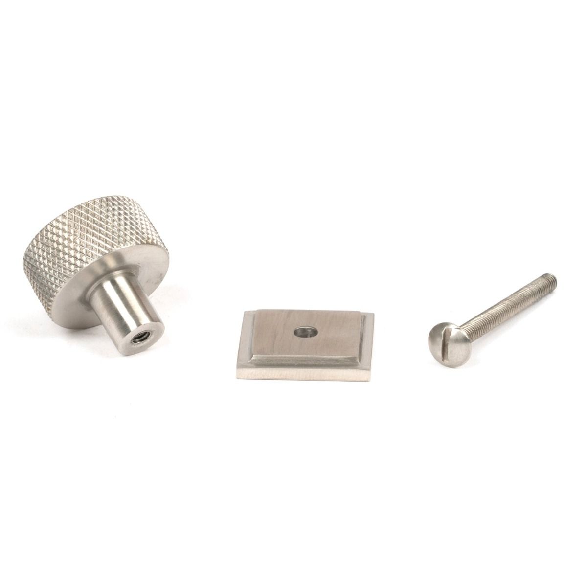 The 25mm Knurled Cabinet Knob on Square Rose in Satin Stainless Steel Shown with Fitting Bolt on a White Background