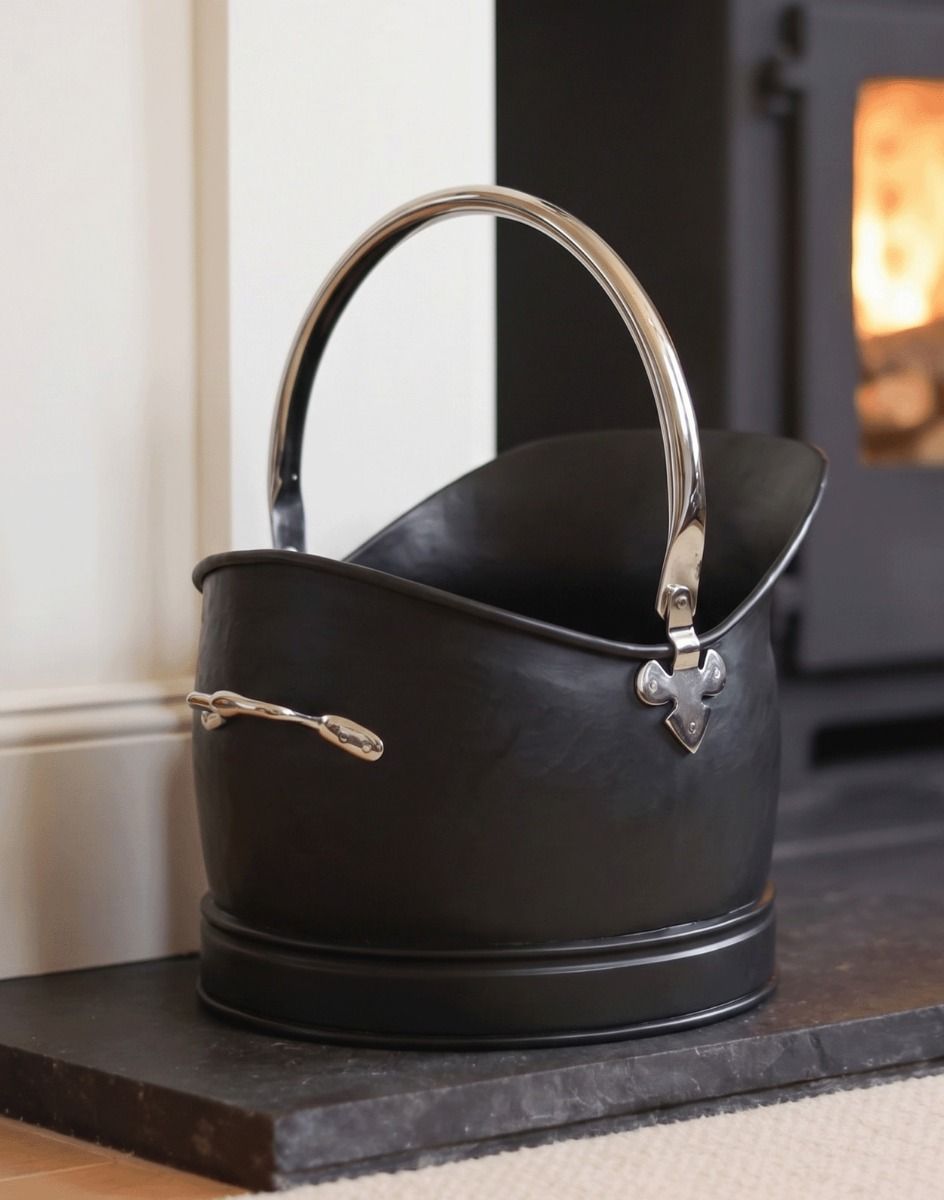 The 27.5cm "Hinswick" Victorian Black Iron and Nickel Coal Bucket Positioned Next to a Decorative Fireplace - Digital Illustration 