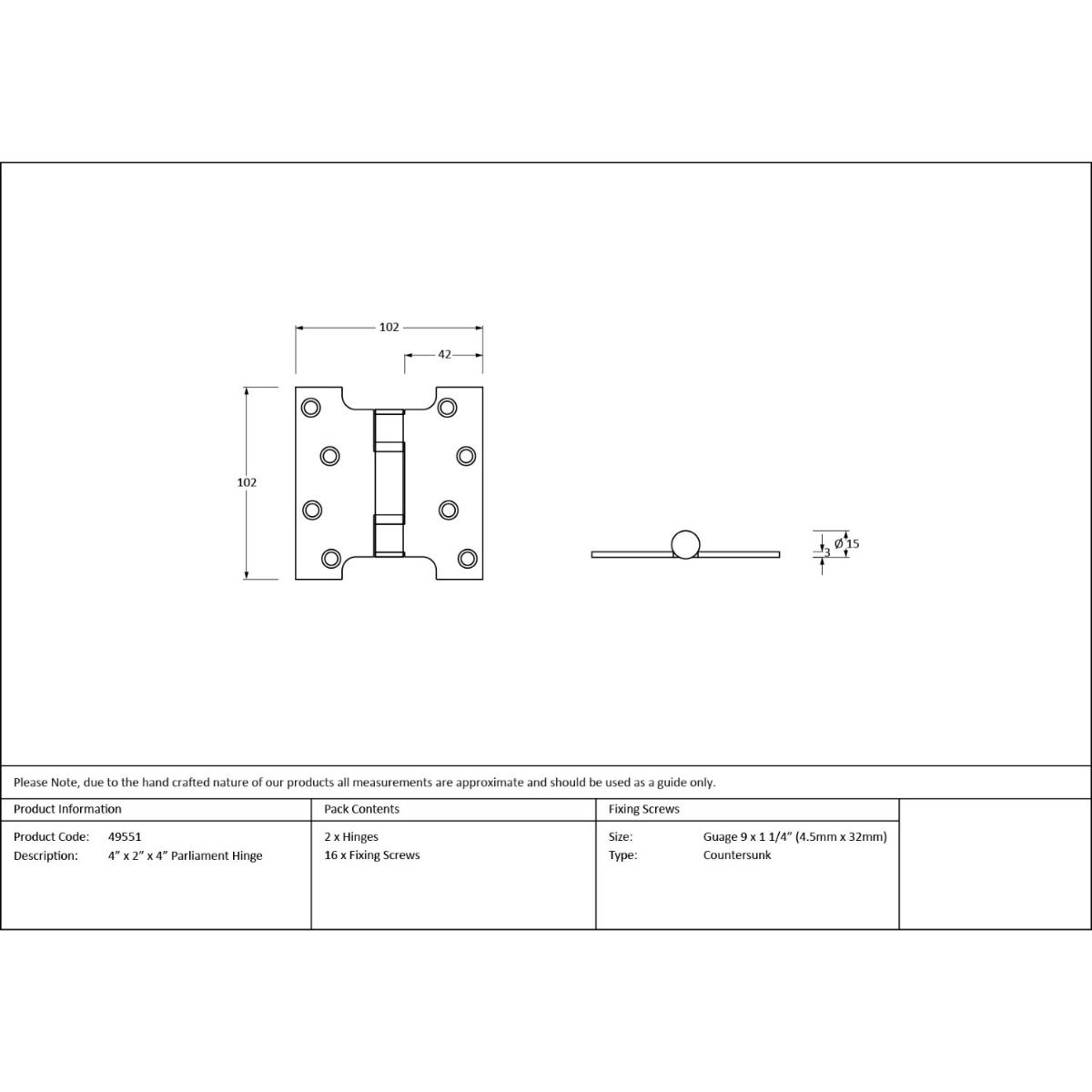 The 2" Heavy Duty Parliament Door Hinges (Pair) Technical Drawings and Dimensions