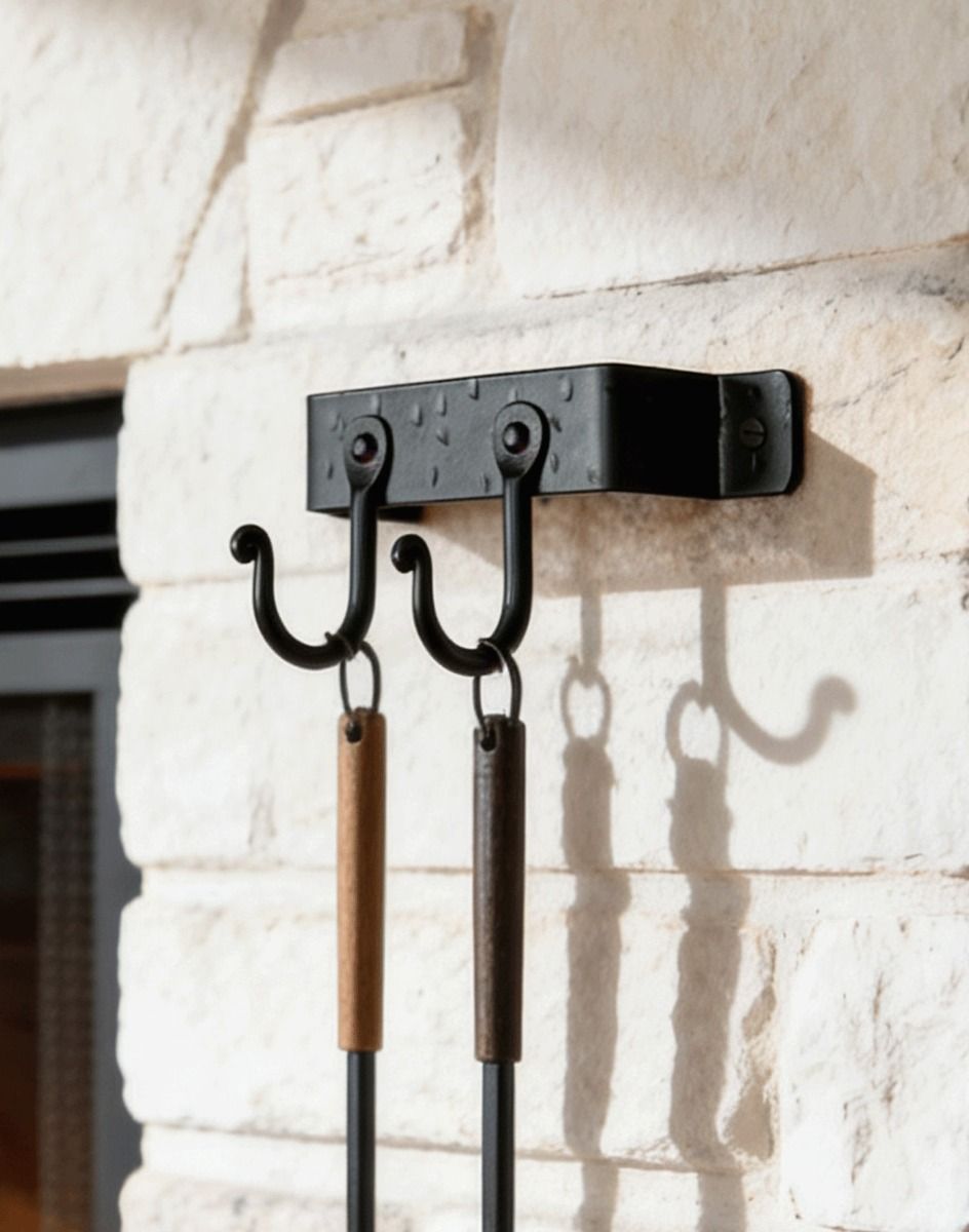 The 2 Hook "Blacksmith Style" Wall Mounted Fireside Tool Rack Fitted on a White Brick Wall in a Traditional Home - Digital Illustration