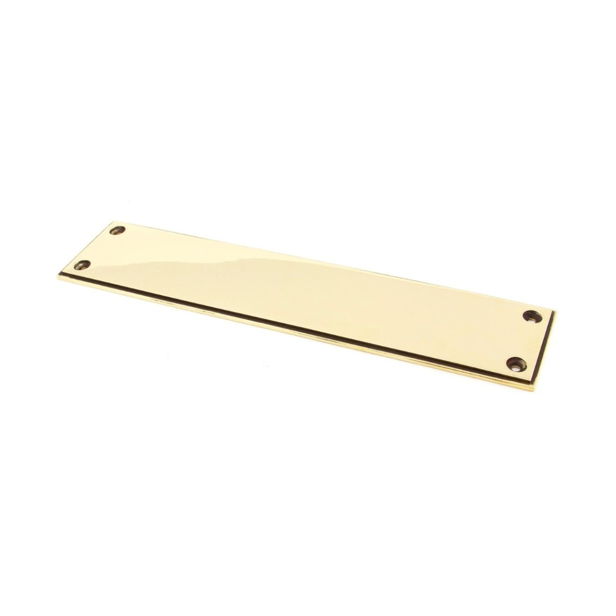 The 300mm Aged Brass Linear Period Fingerplate Door Push Plate on a White Background
