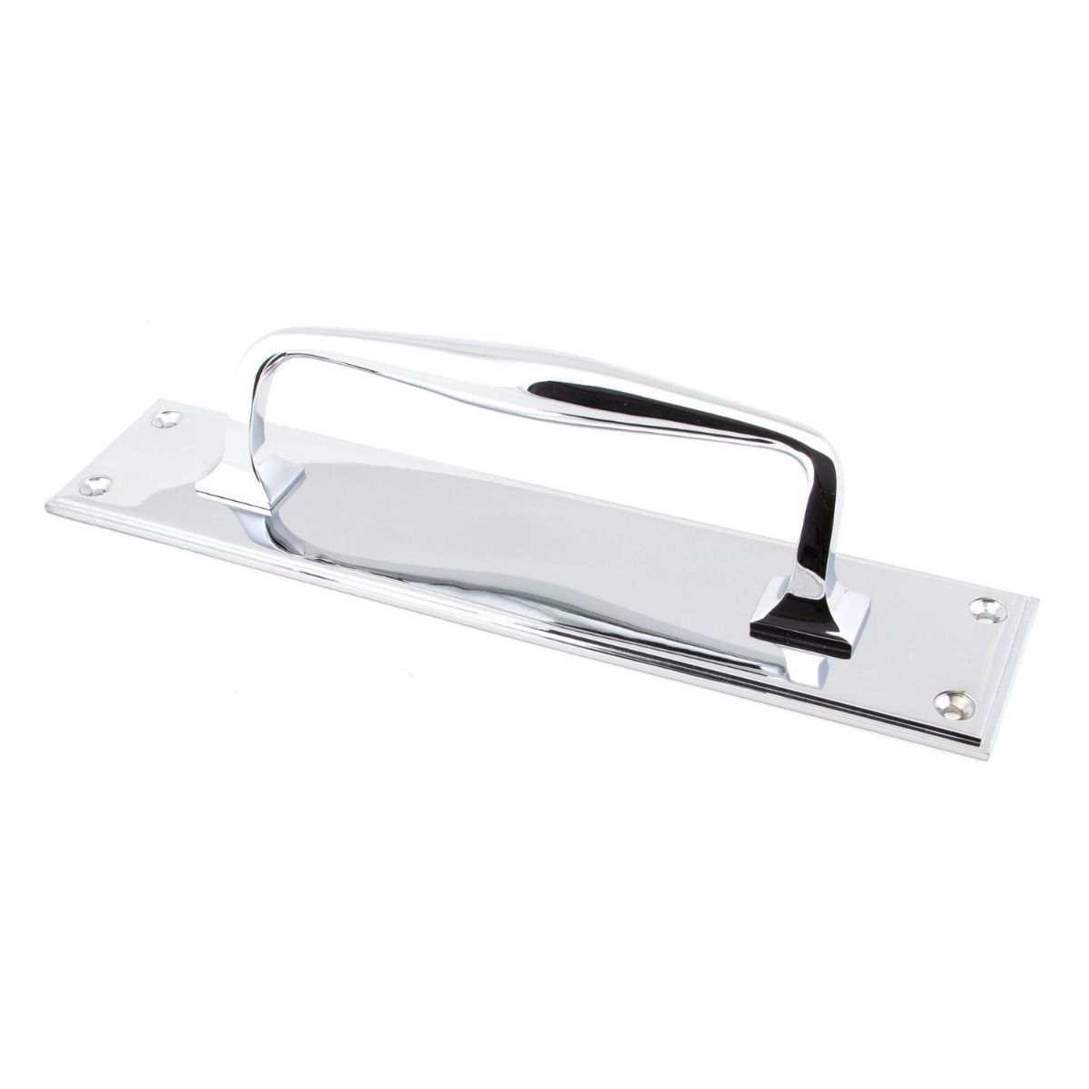 The 300mm Swelled Grip Door Handle with Backplate in Polished Chrome on a White Background 