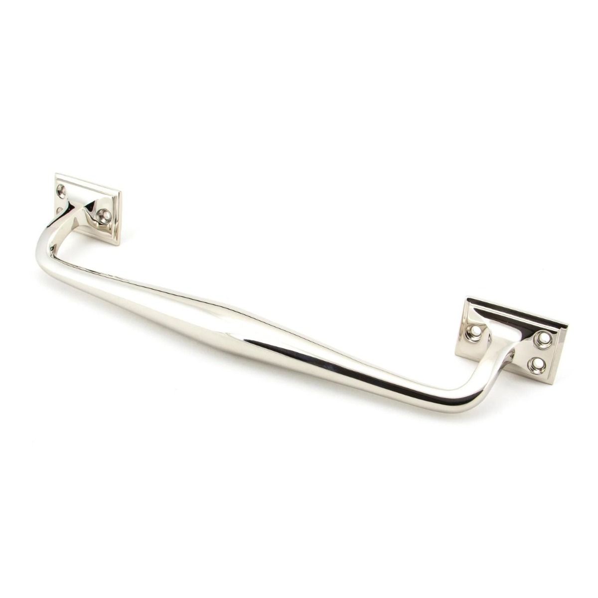 The 300mm Swelled Grip Pull Handle with Roses in Polished Nickel on a White Background 