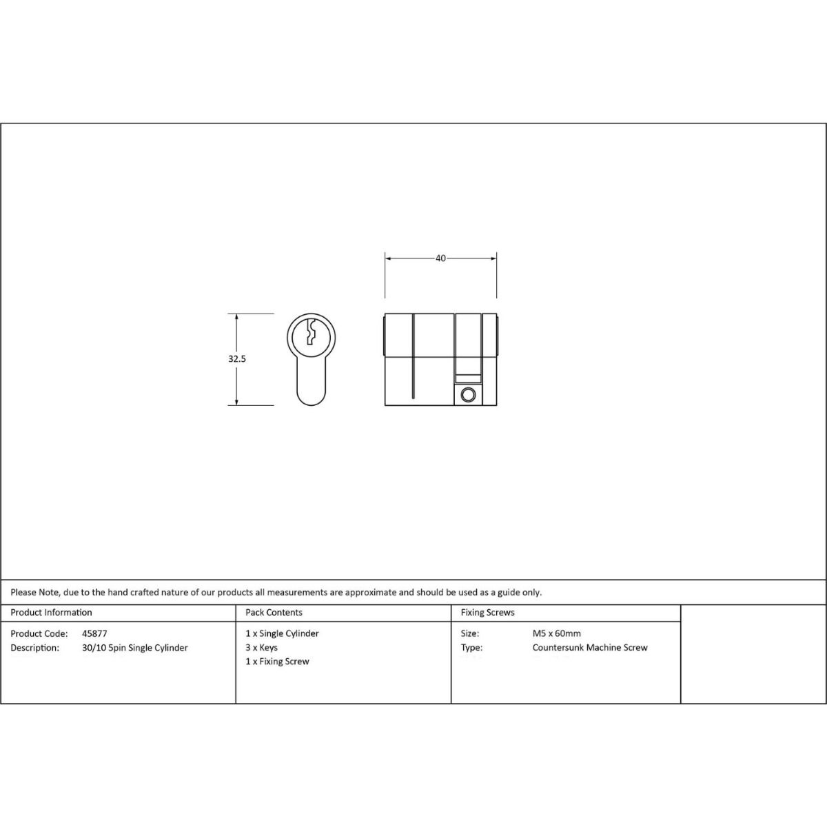 The 30/10 5-Pin Euro Cylinder Lock Keyed to Differ in Polished Bronze Technical Drawings and Dimensions