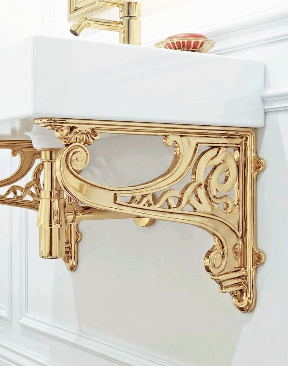 The 30 x 42cm "Celtic" Wall Bracket in a Brass Finish Mounted on a White Kitchen Wall Supporting a Sink - Digital Illustration