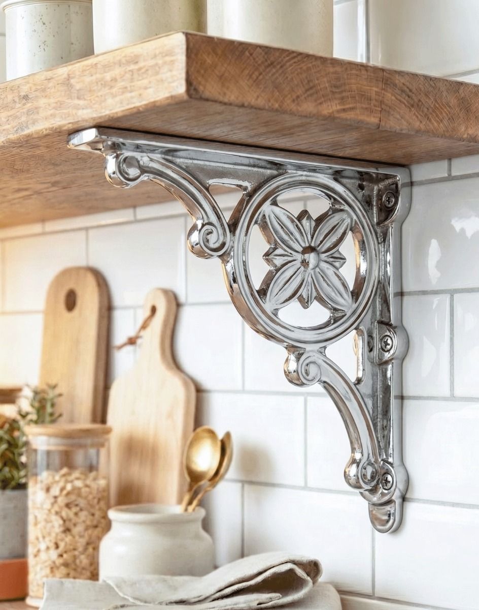 The 31 x 28cm "Delphi" Polished Bright Chrome Brackets Mounted on a White Tiled Kitchen Wall in a Contemporary Home - Digital Illustration