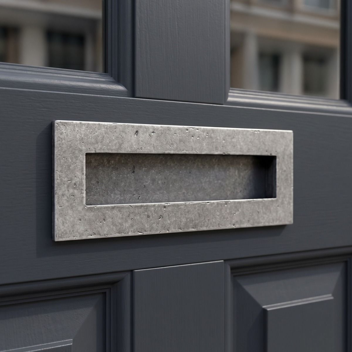 The 32cm Pewter Cast Traditional Letter Plate Mounted on a Navy Blue Timber Door - Digital Illustration 