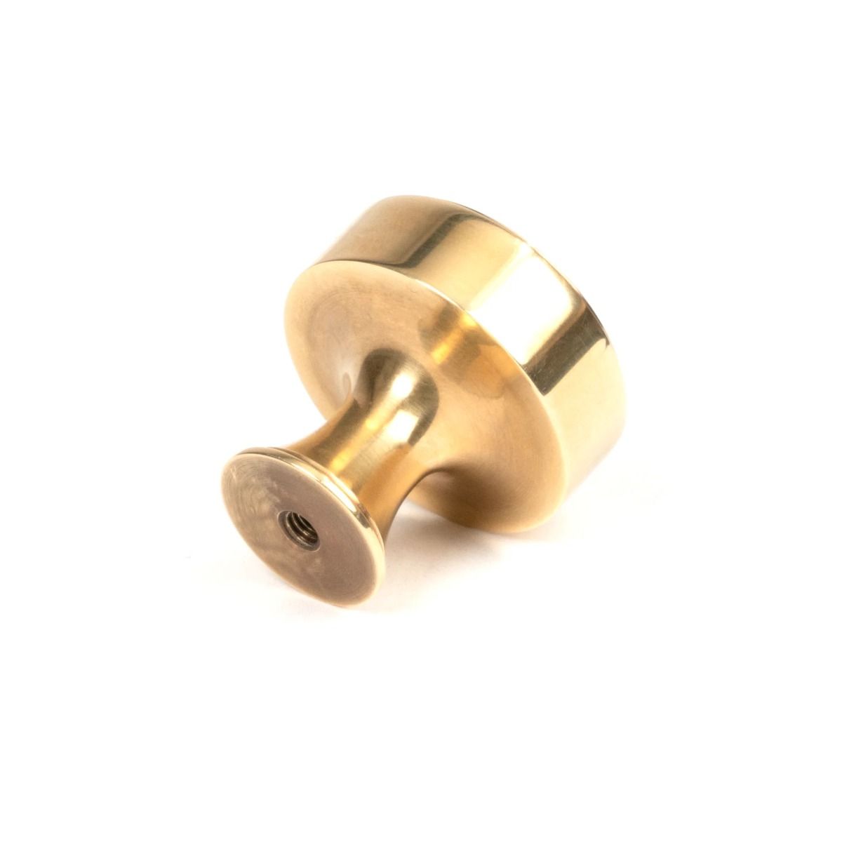 The 32mm "Atelier" Circular Cabinet Knob in Aged Brass on a White Background Shown from Behind