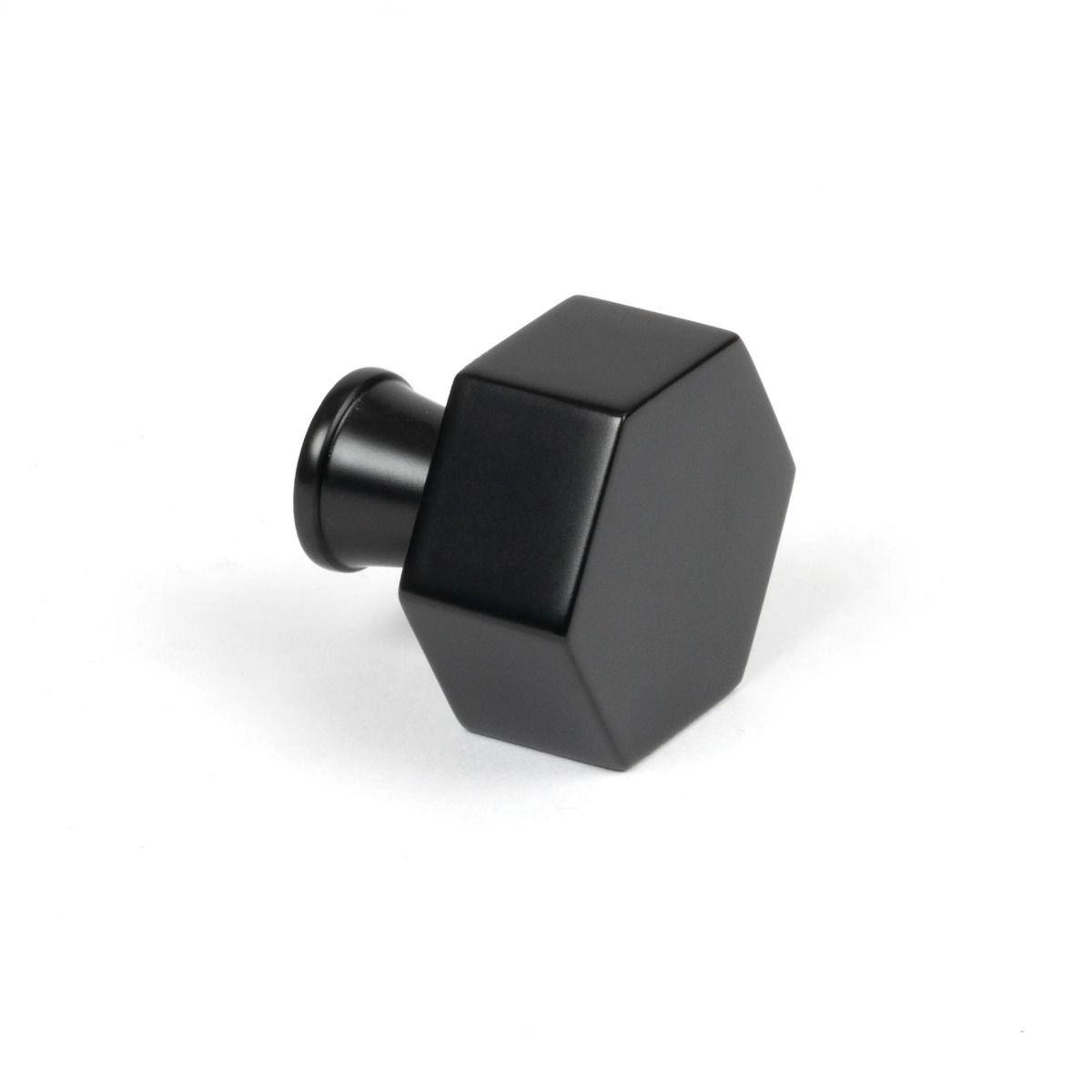 The 32mm "Vanguard" Hexagonal Cabinet Knob in Matt Black on a White Background Shown Side on