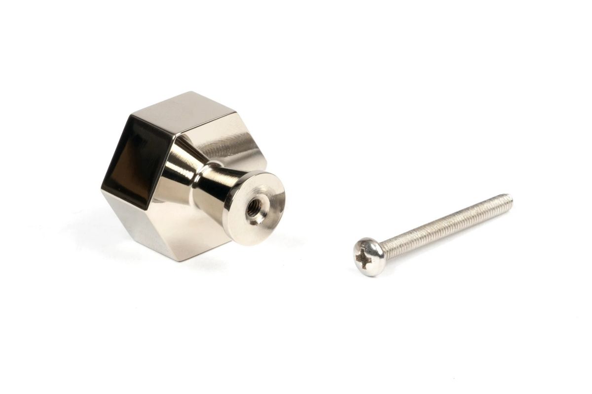 The 32mm "Vanguard" Hexagonal Cabinet Knob in Polished Nickel on a White Background Shown from Behind with the Screw