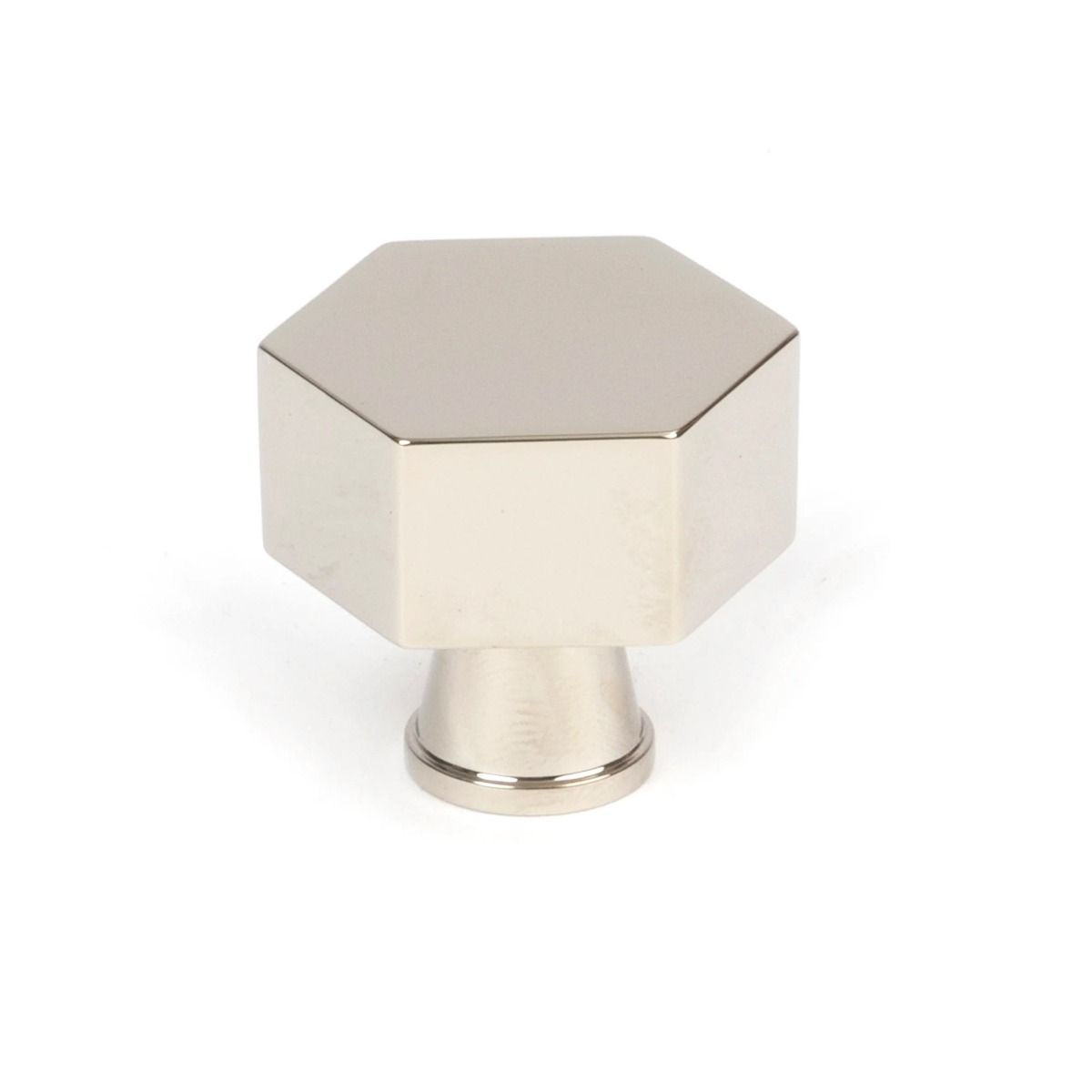 The 32mm "Vanguard" Hexagonal Cabinet Knob in Polished Nickel on a White Background Shown Upright