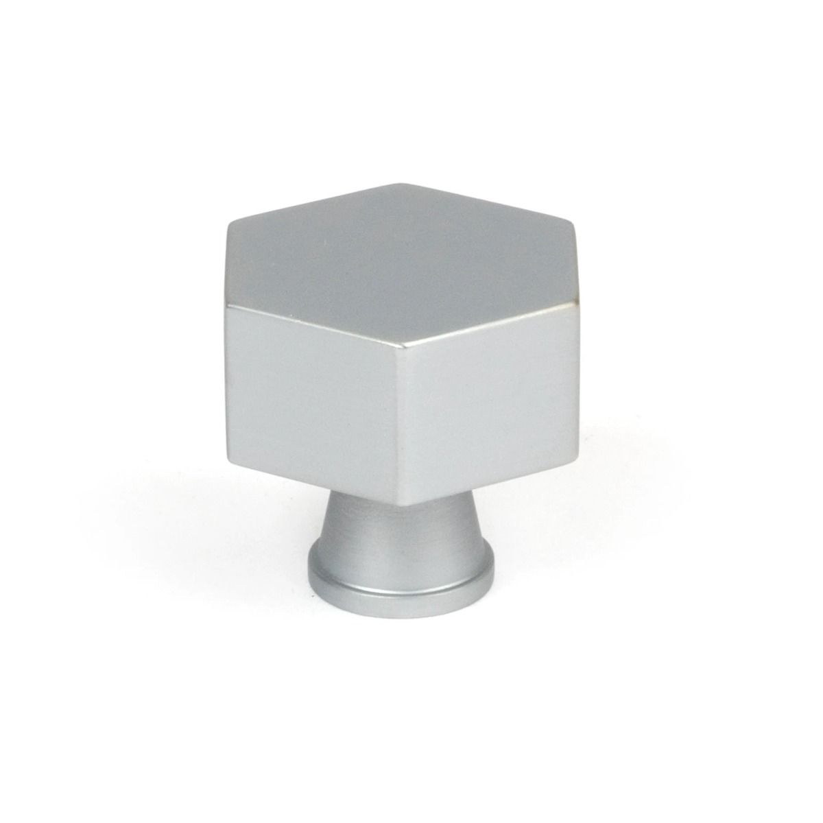 The 32mm "Vanguard" Hexagonal Cabinet Knob in Satin Chrome on a White Background Stood Upright 