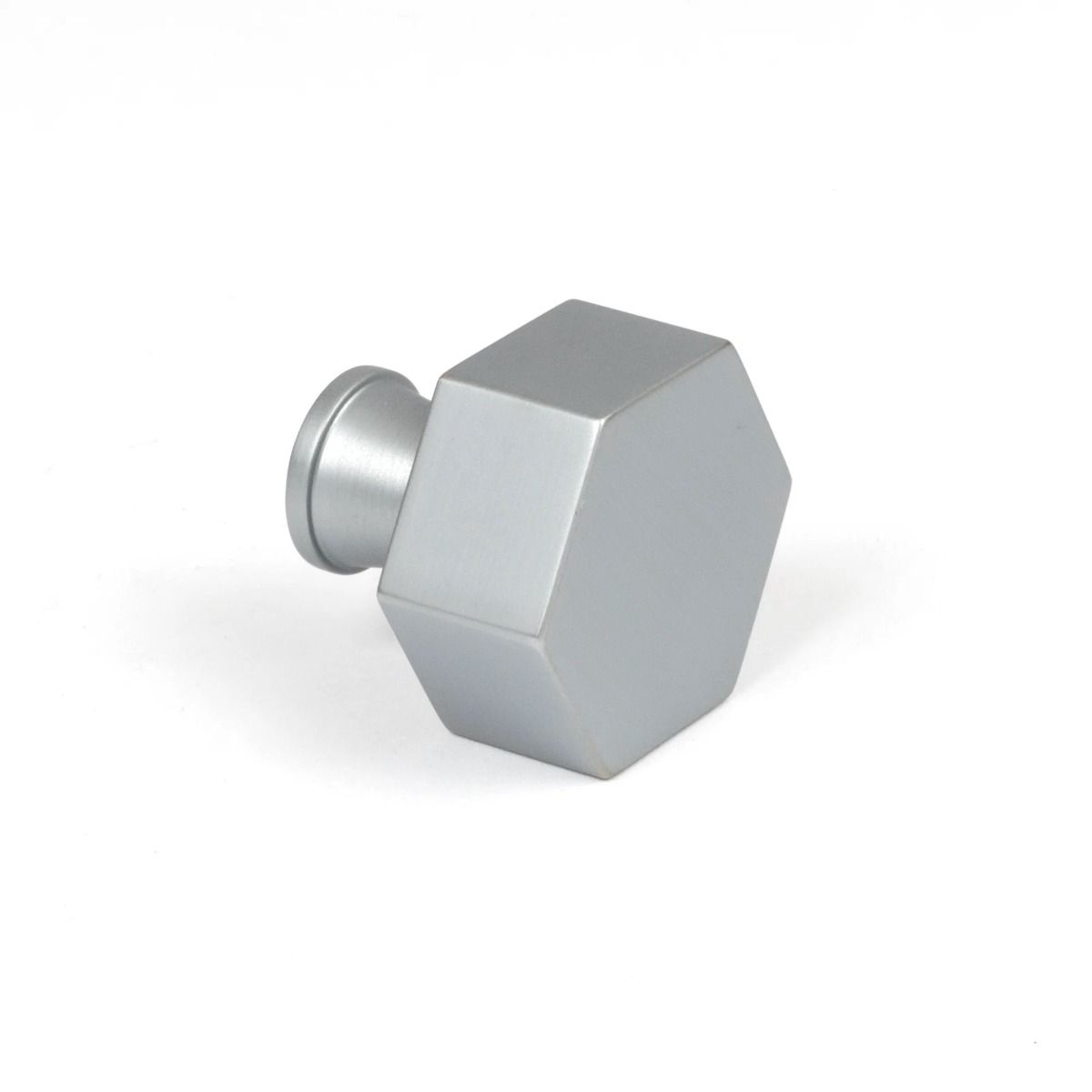 The 32mm "Vanguard" Hexagonal Cabinet Knob in Satin Chrome on a White Background Viewed from the Side