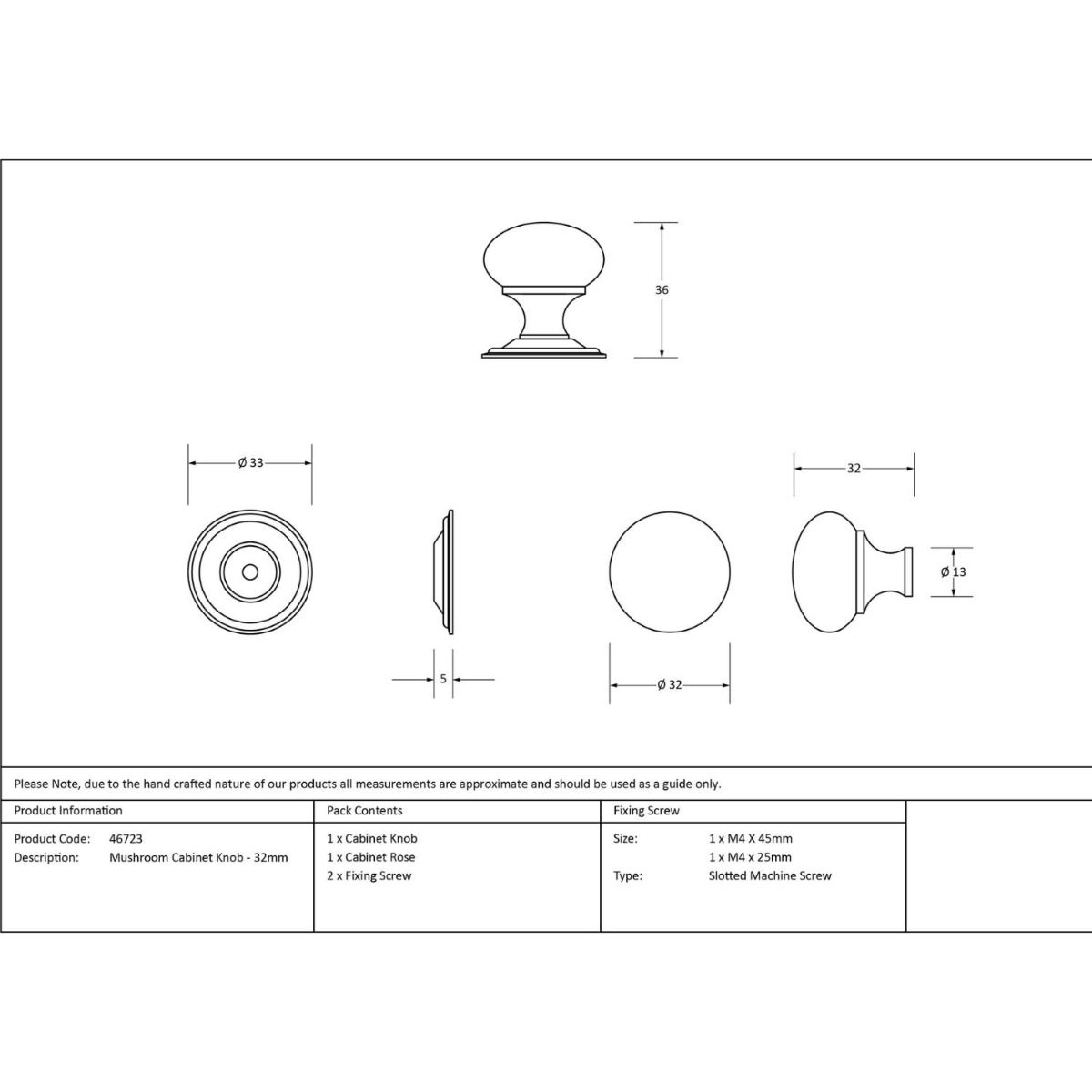 The 32mm Aged Brass Classic Mushroom Cabinet Knob Technical Drawings and Dimensions 
