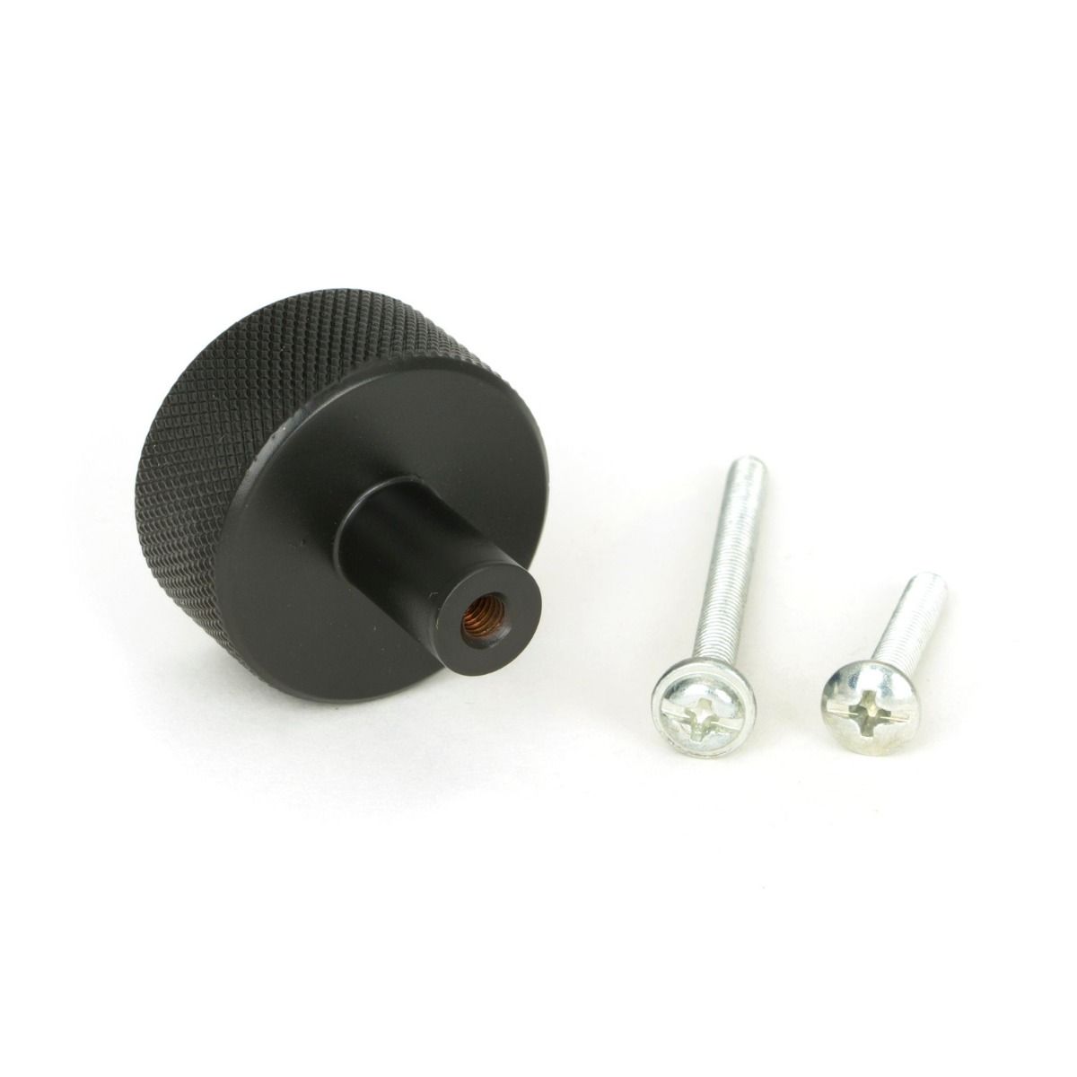 The 32mm Knurled Cabinet Knob (No Rose) in Aged Bronze Displayed with Fittings