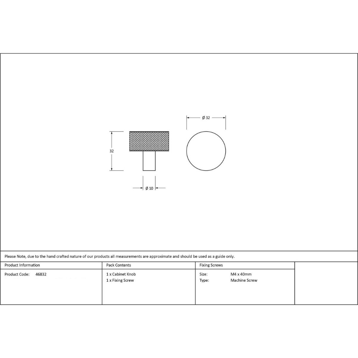 The 32mm Knurled Cabinet Knob (No Rose) in Aged Bronze Technical Drawings and Dimensions