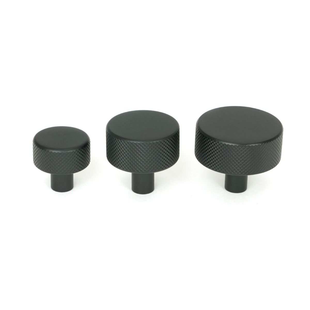 The 32mm Knurled Cabinet Knob (No Rose) in Matt Black Alongside Different Sizes