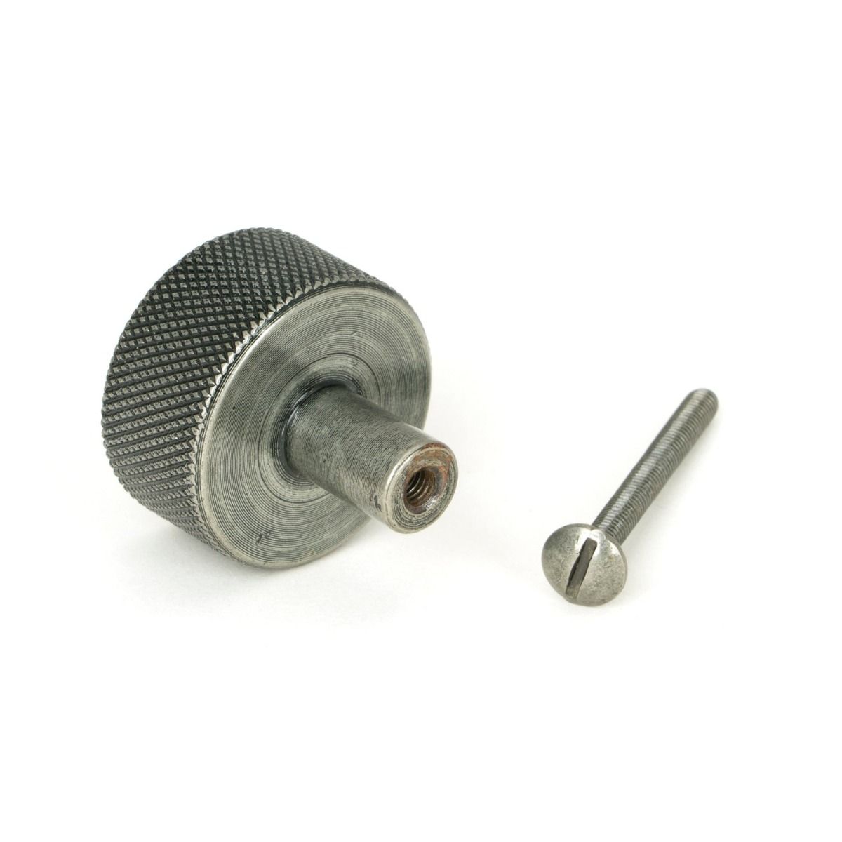 The 32mm Knurled Cabinet Knob (No Rose) in Pewter Displayed with Fittings