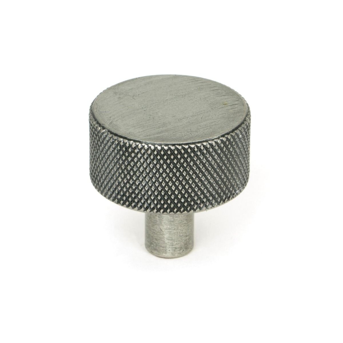 The 32mm Knurled Cabinet Knob (No Rose) in Pewter Shown Upright on a White Background