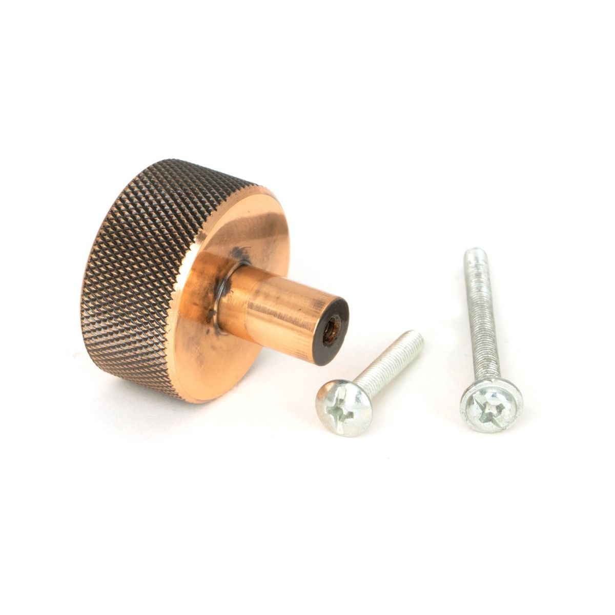 The 32mm Knurled Cabinet Knob (No Rose) in Polished Bronze Displayed with Fittings