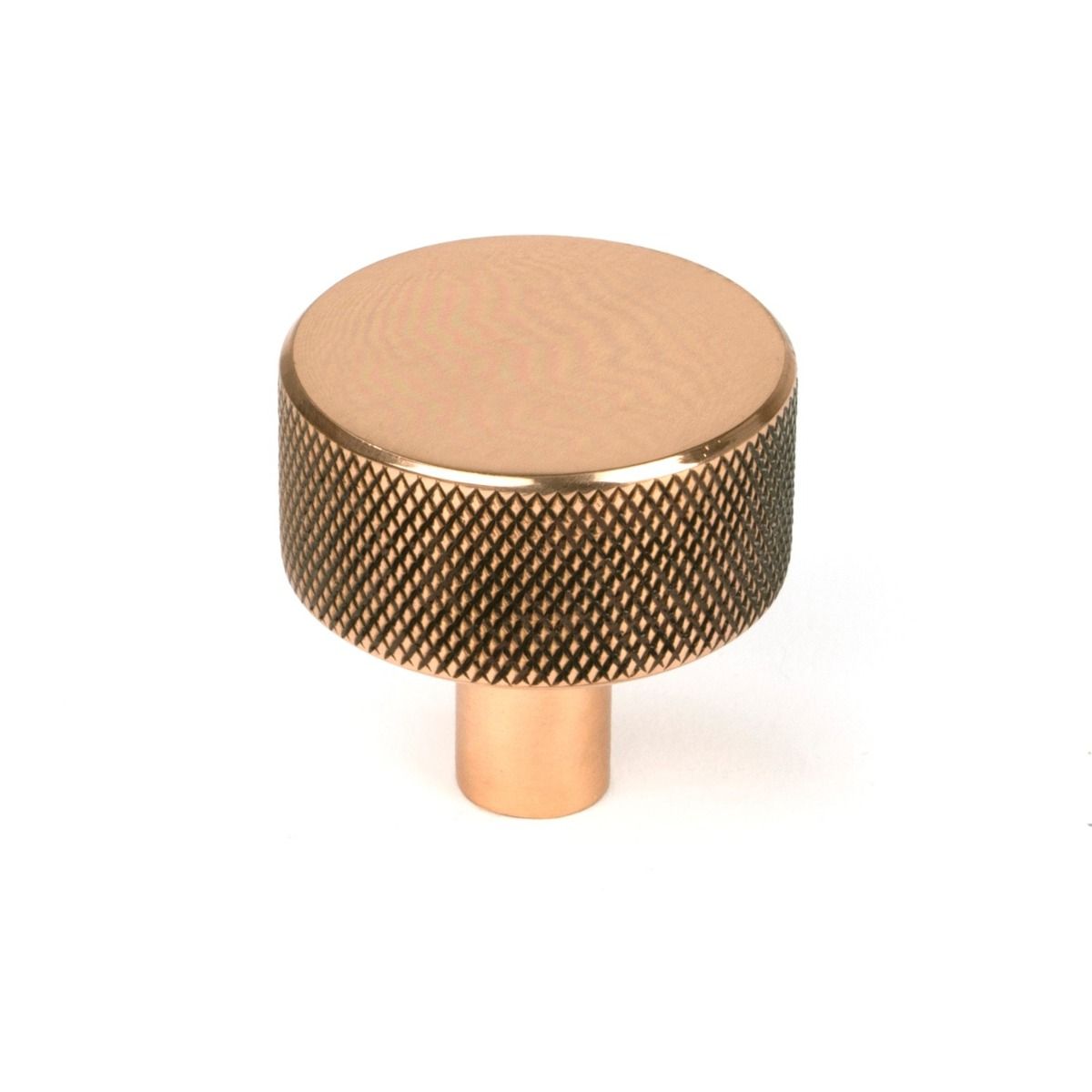 The 32mm Knurled Cabinet Knob (No Rose) in Polished Bronze Shown Upright on a White Background