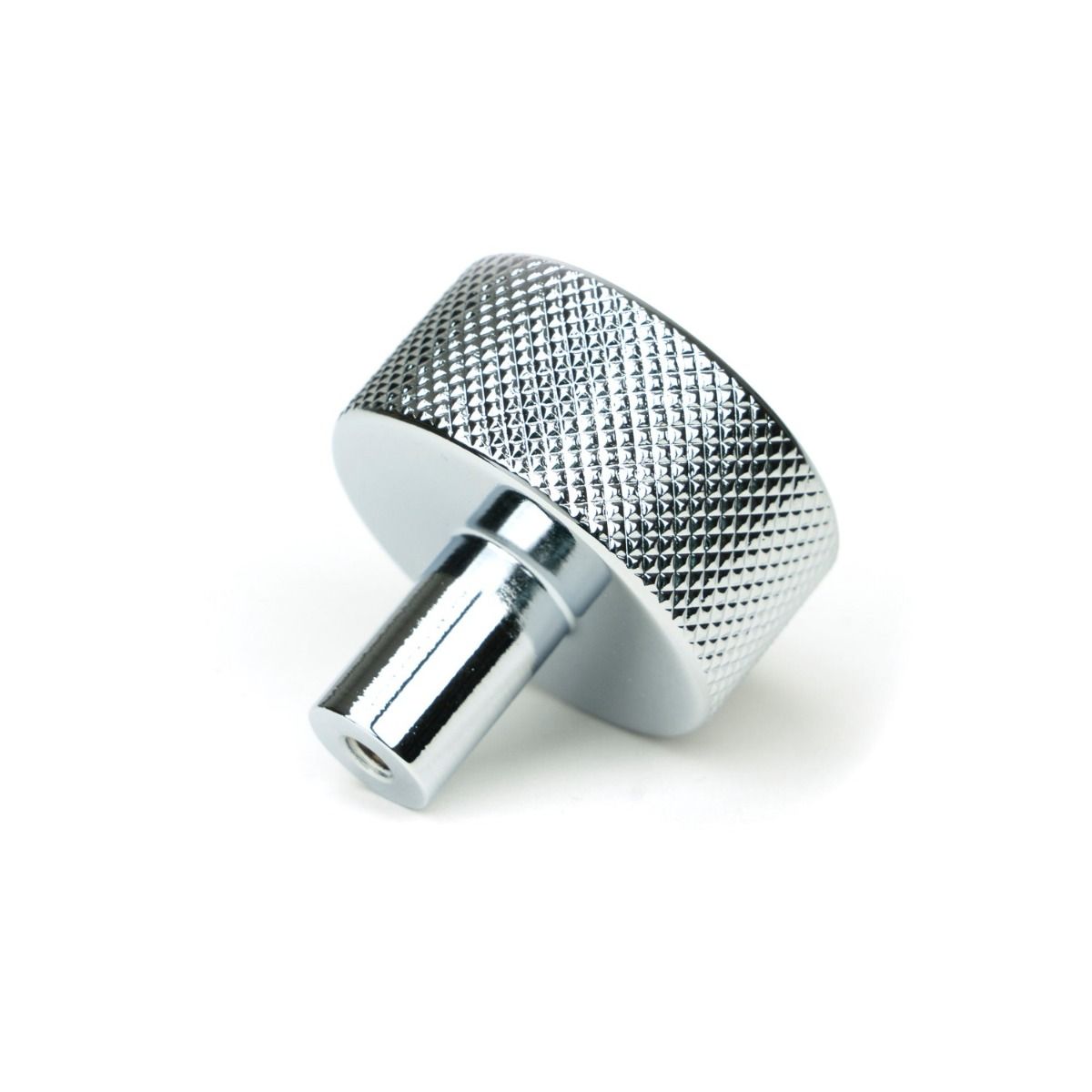 The 32mm Knurled Cabinet Knob (No Rose) in Polished Chrome Shown from Behind with the Rose