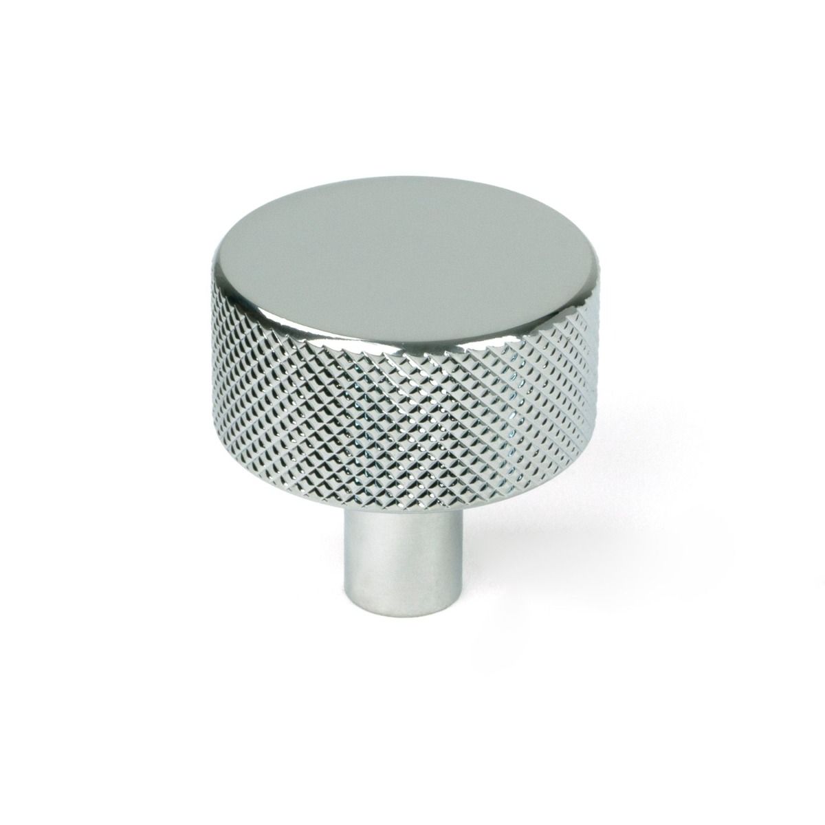 The 32mm Knurled Cabinet Knob (No Rose) in Polished Chrome Shown Upright on a White Background
