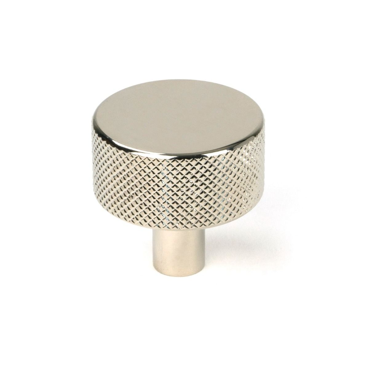 The 32mm Knurled Cabinet Knob (No Rose) in Polished Nickel Shown Upright on a White Background