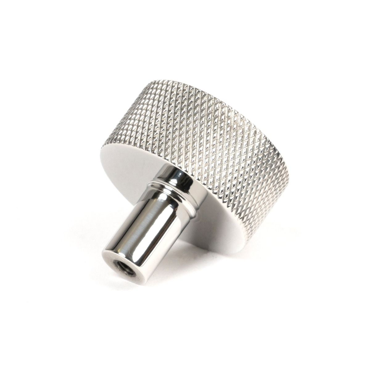 The 32mm Knurled Cabinet Knob (No Rose) in Polished Stainless Steel Shown from Behind on a White Background